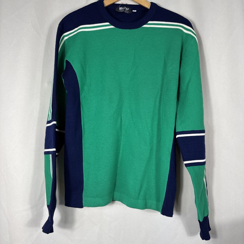 Vintage Meister 100% Wool Sweater Green Navy Colorblock Ski Preppy Collegiate